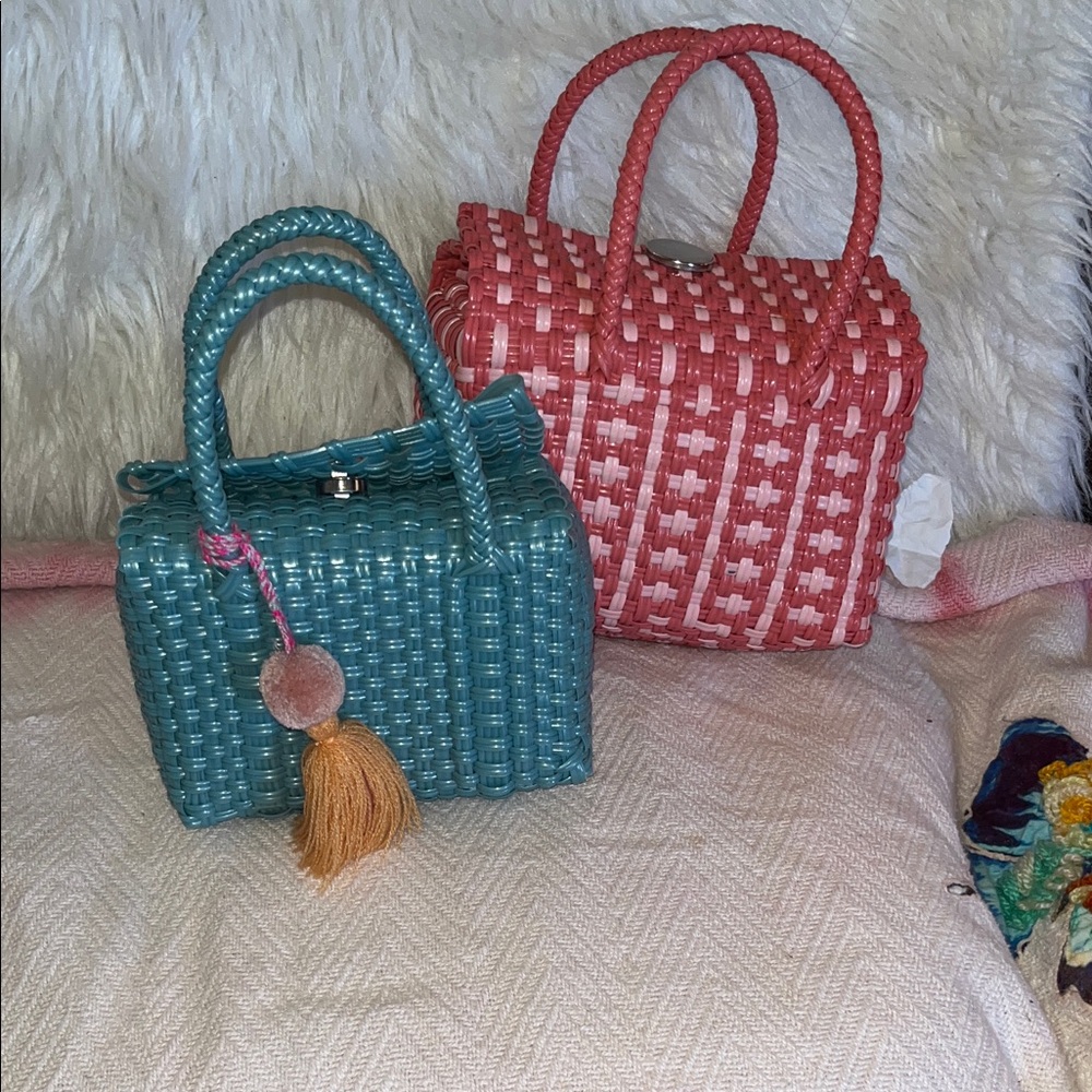 Stylish Woven small Handbag Set - Blue and Pink